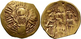 Andronicus II Palaeologus, with Michael IX, 1282-1328. Hyperpyron (Electrum, 23 mm, 3.99 g, 7 h), Constantinopolis. Bust of Virgin Mary, orans, within...
