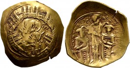 Andronicus II Palaeologus, with Michael IX, 1282-1328. Hyperpyron (Electrum, 26 mm, 3.96 g, 6 h), Constantinopolis. Bust of Virgin Mary, orans, within...