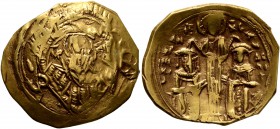 Andronicus II Palaeologus, with Michael IX, 1282-1328. Hyperpyron (Electrum, 24 mm, 4.03 g, 7 h), Constantinopolis. Bust of Virgin Mary, orans, within...