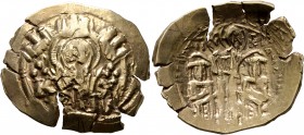 Andronicus II Palaeologus, with Michael IX, 1282-1328. Hyperpyron (Electrum, 26 mm, 4.43 g, 7 h), Constantinopolis. Bust of Virgin Mary, orans, within...