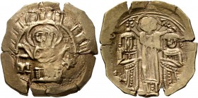 Andronicus II Palaeologus, with Michael IX, 1282-1328. Hyperpyron (Electrum, 26 mm, 4.60 g, 6 h), Constantinopolis. Bust of Virgin Mary, orans, within...