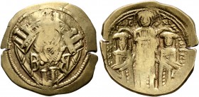 Andronicus II Palaeologus, with Michael IX, 1282-1328. Hyperpyron (Electrum, 23 mm, 4.08 g, 6 h), Constantinopolis. Bust of Virgin Mary, orans, within...