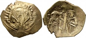 Andronicus II Palaeologus, with Michael IX, 1282-1328. Hyperpyron (Electrum, 25 mm, 4.23 g, 5 h), Constantinopolis. Bust of Virgin Mary, orans, within...