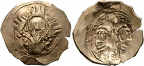 Andronicus II Palaeologus, with Michael IX, 1282-1328. Hyperpyron (Electrum, 25 mm, 4.58 g, 6 h), Constantinopolis. Bust of Virgin Mary, orans, within...