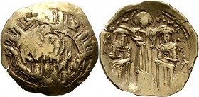 Andronicus II Palaeologus, with Michael IX, 1282-1328. Hyperpyron (Electrum, 24 mm, 4.13 g, 7 h), Constantinopolis. Bust of Virgin Mary, orans, within...