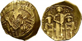Andronicus II Palaeologus, with Michael IX, 1282-1328. Hyperpyron (Electrum, 22 mm, 2.62 g, 6 h), Constantinopolis. Bust of Virgin Mary, orans, within...