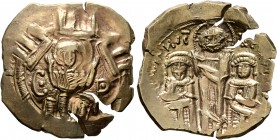 Andronicus II Palaeologus, with Michael IX, 1282-1328. Hyperpyron (Electrum, 25 mm, 4.35 g, 6 h), Constantinopolis. Bust of Virgin Mary, orans, within...