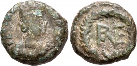 OSTROGOTHS. Municipal coinage of Ravenna, time of Theoderic, 493-526. Dekanummium (Bronze, 14 mm, 3.38 g, 5 h), circa 493-518. FE[LIX RAVENNA] Turrete...