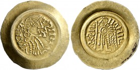 LOMBARDS, Lombardy &amp; Tuscany. Liutprand, 712-744. Tremissis (Gold, 23 mm, 1.18 g, 1 h). LVITT-T S A RX[...] Pearl-diademed, draped and cuirassed b...