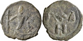 CRUSADERS. Edessa. Baldwin II, second reign, 1108-1118. Follis (Bronze, 21 mm, 3.59 g). Count Baldwin II, dressed in chain-armour and conical helmet, ...