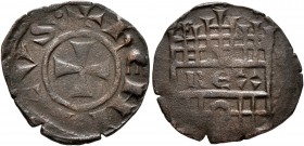 CRUSADERS. Lusignan Kingdom of Cyprus. Henry I, 1218-1253. Fractional Denier (Bronze, 18 mm, 1.43 g, 11 h). +hЄnRICVS Cross. Rev. Triple-towered gatew...