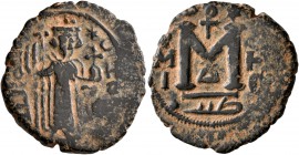 ISLAMIC, Umayyad Caliphate. temp. Mu'awiya I ibn Abi Sufyan, AH 41-60 / AD 661-680. Fals (Bronze, 21 mm, 4.03 g, 4 h), Arab-Byzantine type, Hims. Impe...