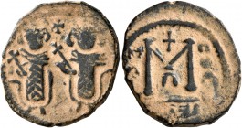 ISLAMIC, Umayyad Caliphate. temp. Mu'awiya I ibn Abi Sufyan, AH 41-60 / AD 661-680. Fals (Bronze, 20 mm, 2.91 g, 7 h), Arab-Byzantine type, Ba'albakk ...