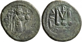 ISLAMIC, Umayyad Caliphate. temp. Yazid I ibn Mu'awiya, AH 60-64 / AD 680-683. Fals (Bronze, 20 mm, 4.72 g, 3 h), Arab-Byzantine type, 'Jaza hadha' ty...