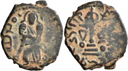 ISLAMIC, Umayyad Caliphate. temp. 'Abd al-Malik ibn Marwan, AH 65-86 / AD 685-705. Fals (Bronze, 21 mm, 3.00 g, 6 h), 'Standing Caliph' type, Ma'arrat...