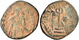 ISLAMIC, Umayyad Caliphate. temp. 'Abd al-Malik ibn Marwan, AH 65-86 / AD 685-705. Fals (Bronze, 20 mm, 2.52 g, 10 h), 'Standing Caliph' type, Sinjar,...
