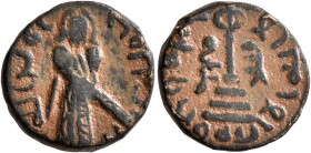 ISLAMIC, Umayyad Caliphate. temp. 'Abd al-Malik ibn Marwan, AH 65-86 / AD 685-705. Fals (Bronze, 16 mm, 3.15 g, 12 h), 'Standing Caliph' type, Sarmin,...