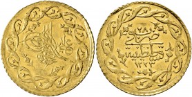 ISLAMIC, Ottoman Empire. Mahmud II, AH 1223-1255 / AD 1808-1839. Yirmilik Cedid Mahmudiye (Gold, 20 mm, 1.55 g, 9 h), Qustantiniya (Constantinople), d...