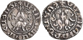 ARMENIA, Cilician Armenia. Royal. Oshin, 1308-1320. Tram (Silver, 22 mm, 2.74 g, 6 h), coronation issue. Oshin seated facing on throne decorated with ...
