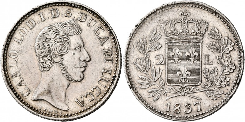 ITALY. Lucca (Ducato). Carlo Lodovico di Borbone, 1824-1847. 2 Lire (Silver, 27 ...