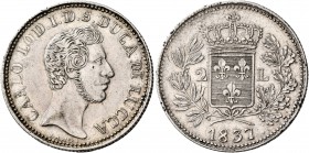 ITALY. Lucca (Ducato). Carlo Lodovico di Borbone, 1824-1847. 2 Lire (Silver, 27 mm, 9.59 g, 6 h), 1837. CARLO LOD. I. D. S. DUCA DI LUCCA Bare head to...