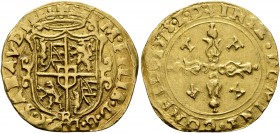 ITALY. Savoia (Ducato). Emanuele Filiberto, 1538-1580. Scudo (Gold, 21 mm, 3.34 g, 12 h), Emanuele Diano, Bourg-en-Bresse, 1578. +EM•PHILIB•D•G•DVX•SA...
