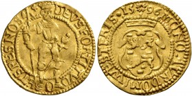 LOW COUNTRIES. West-Friesland. Ducat (Gold, 22 mm, 3.44 g, 4 h), imitating a Hungarian ducat, 1596. DEVS FORTITVDO ET SPES NOS Imperial figure standin...