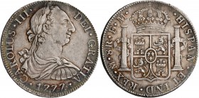 MEXICO, Colonial. Carlos III, king of Spain, 1759-1788. 8 Reales (Silver, 38 mm, 26.95 g, 12 h), Mexico City, 1777. CAROLVS•III DEI•GRATIA •1777• Laur...