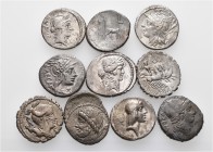 A lot containing 10 silver coins. All: Roman Republican Denarii. Fine to very fine. LOT SOLD AS IS, NO RETURNS. 10 coins in lot.