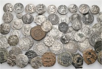 A lot containing 49 silver and 8 bronze coins. Includes: Greek, Roman, Byzantine and early Medieval coins. Fine to very fine. LOT SOLD AS IS, NO RETUR...