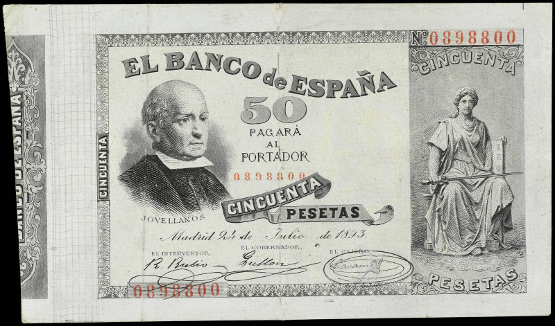 SPANISH BANK NOTES: ANCIENT

50 Pesetas. 24 Julio 1893. Jovellanos. (Reparacio...