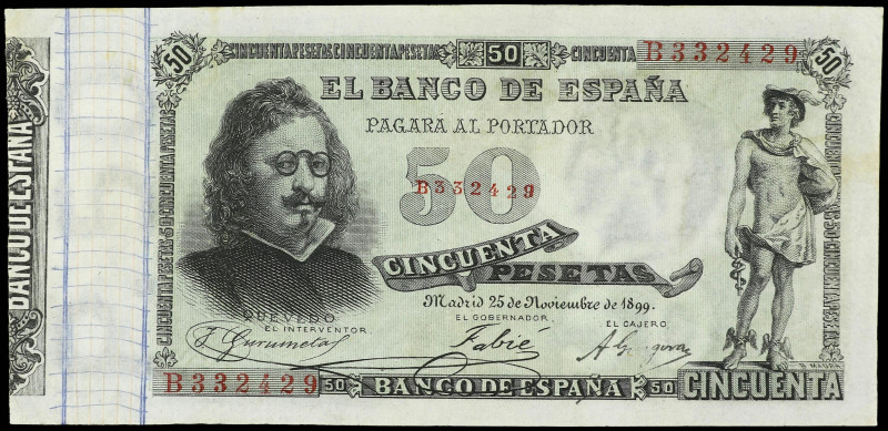 SPANISH BANK NOTES: ANCIENT

50 Pesetas. 25 Noviembre 1899. Quevedo. Serie B. ...