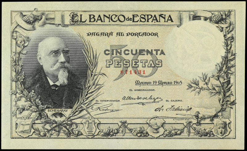 SPANISH BANK NOTES: ANCIENT

50 Pesetas. 19 Marzo 1905. Echegaray. (Leves repa...