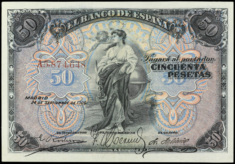 SPANISH BANK NOTES: BANCO DE ESPAÑA

50 Pesetas. 24 Septiembre 1906. Serie A. ...