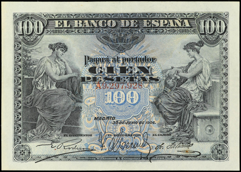 SPANISH BANK NOTES: BANCO DE ESPAÑA

100 Pesetas. 30 Junio 1906. Serie A. Ed-3...