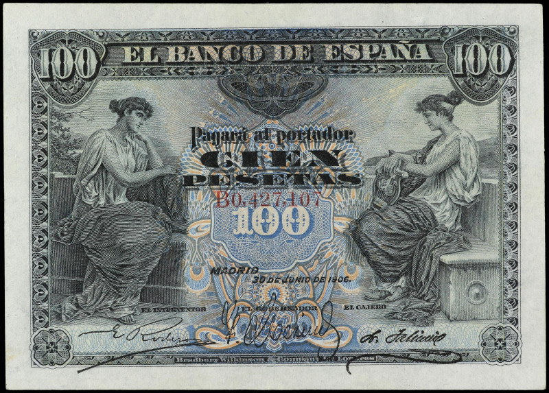 SPANISH BANK NOTES: BANCO DE ESPAÑA

100 Pesetas. 30 Junio 1906. Serie B. Ed-3...