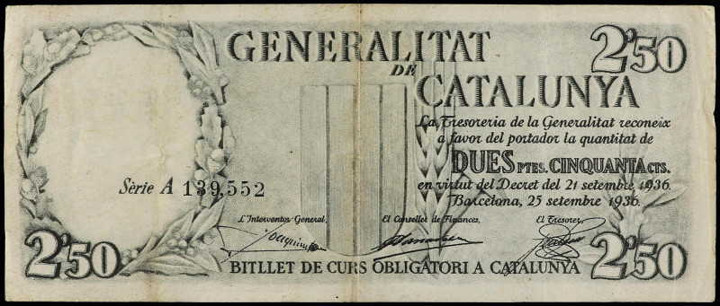 SPANISH BANK NOTES: CIVIL WAR, REPUBLICAN ZONE

2, 50 Pessetes. 21 Setembre 19...