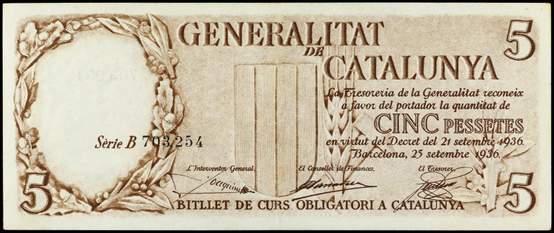 SPANISH BANK NOTES: CIVIL WAR, REPUBLICAN ZONE

5 Pessetes. 21 Setembre 1936. ...