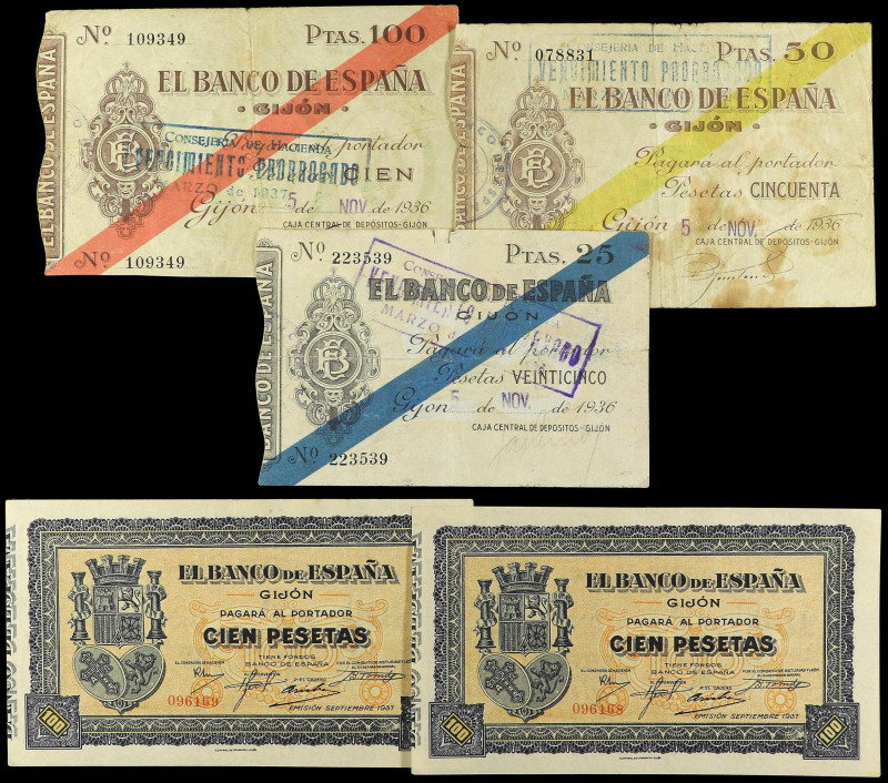 SPANISH BANK NOTES: CIVIL WAR, REPUBLICAN ZONE

Lote 5 billetes 25, 50 y 100 P...