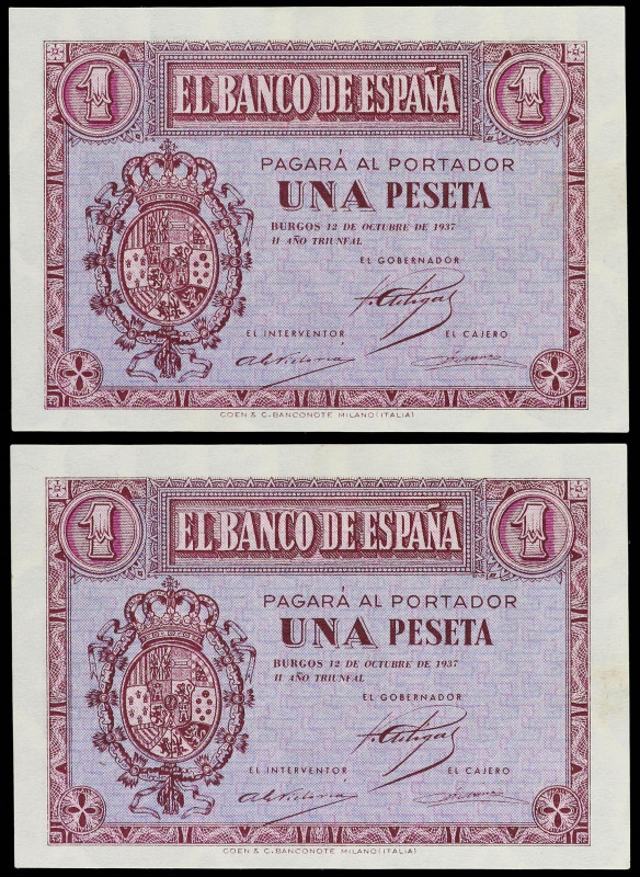 SPANISH BANK NOTES: ESTADO ESPAÑOL

Lote 2 billetes 1 Peseta. 12 Octubre 1937....