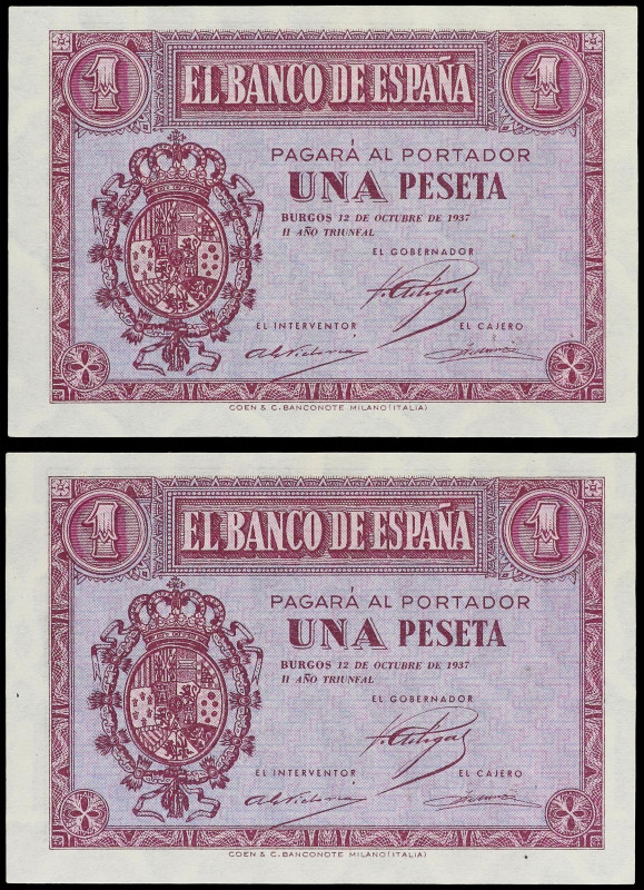 SPANISH BANK NOTES: ESTADO ESPAÑOL

Lote 2 billetes 1 Peseta. 12 Octubre 1937....