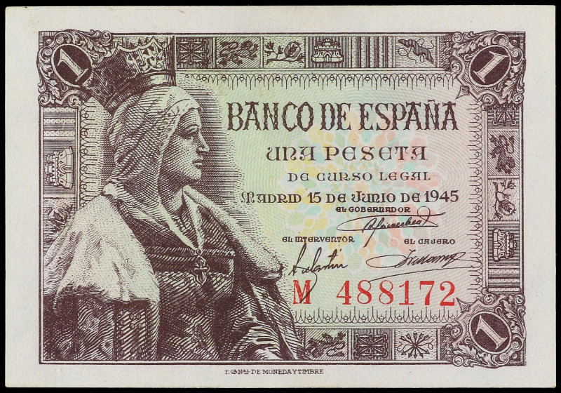 SPANISH BANK NOTES: ESTADO ESPAÑOL

1 Peseta. 15 Junio 1945. Isabel ´la Católi...