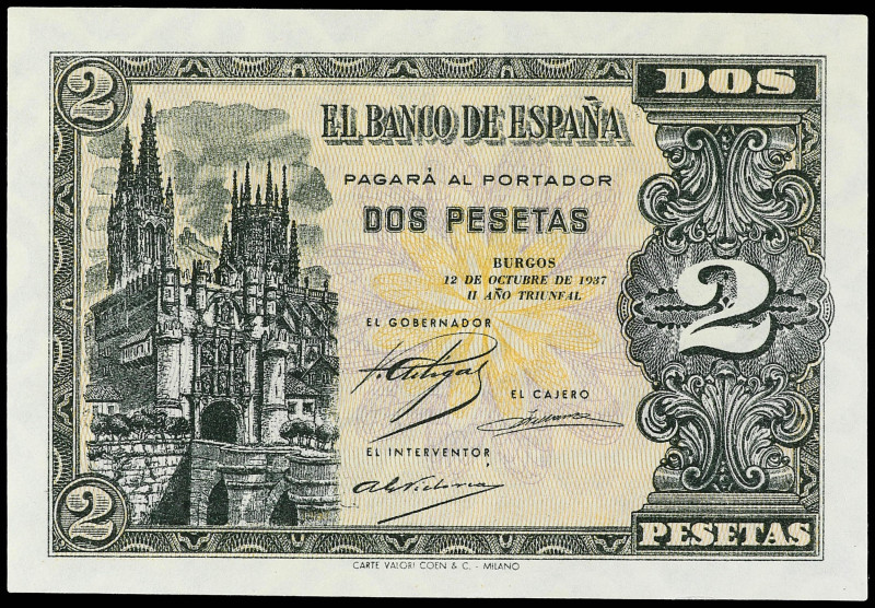 SPANISH BANK NOTES: ESTADO ESPAÑOL

2 Pesetas. 12 Octubre 1937. Catedral de Bu...