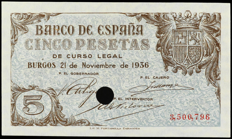 SPANISH BANK NOTES: ESTADO ESPAÑOL

5 Pesetas. 21 Noviembre 1936. ERROR: Difer...