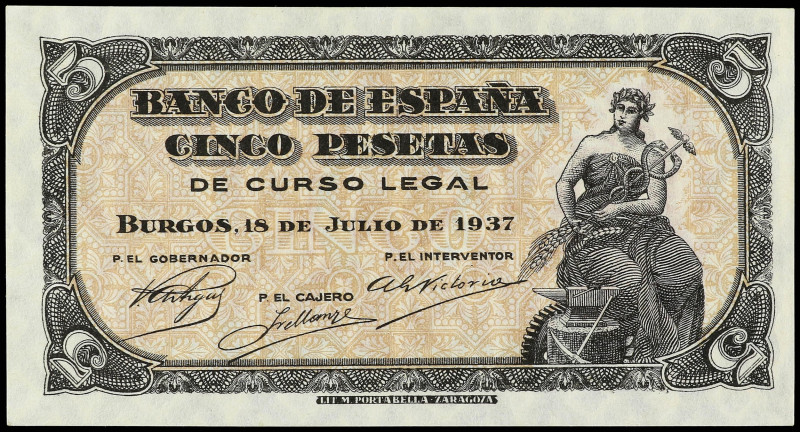 SPANISH BANK NOTES: ESTADO ESPAÑOL

5 Pesetas. 18 Julio 1937. Portabella. Seri...