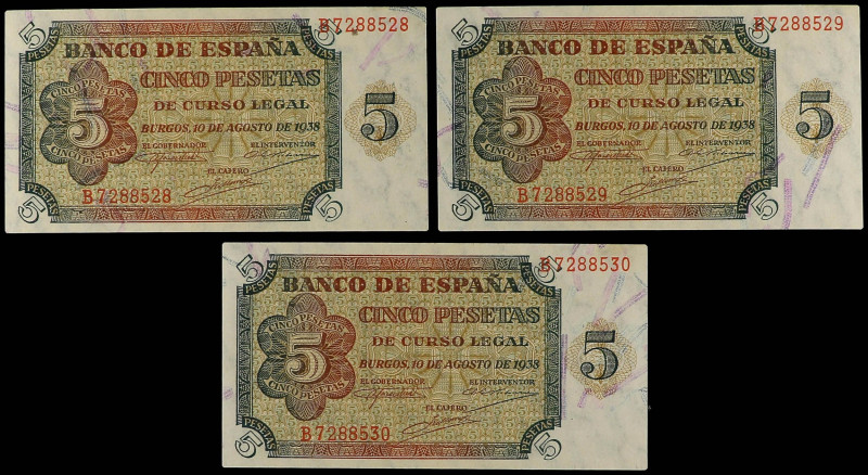 SPANISH BANK NOTES: ESTADO ESPAÑOL

Lote 3 billetes 5 Pesetas. 10 Agosto 1938....