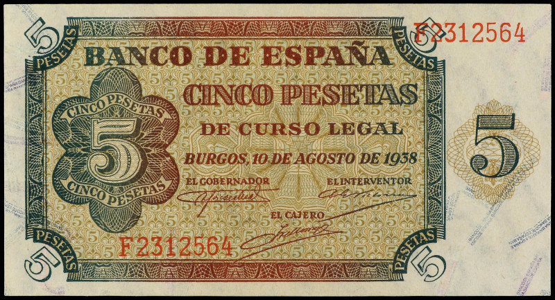 SPANISH BANK NOTES: ESTADO ESPAÑOL

5 Pesetas. 10 Agosto 1938. Serie F. Ed-435...