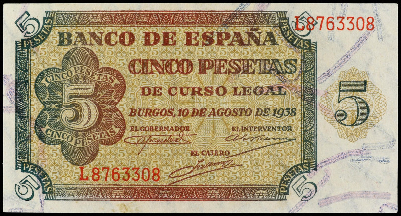 SPANISH BANK NOTES: ESTADO ESPAÑOL

5 Pesetas. 10 Agosto 1938. Serie L. Ed-435...