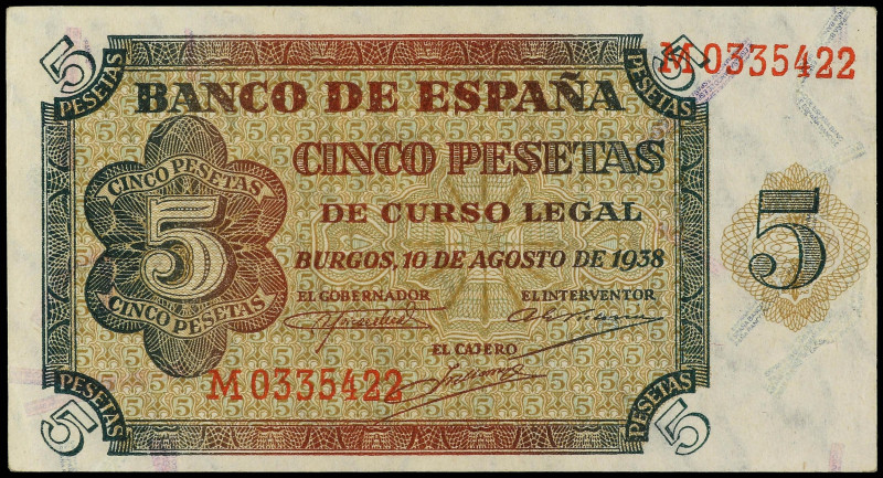 SPANISH BANK NOTES: ESTADO ESPAÑOL

5 Pesetas. 10 Agosto 1938. Serie M. La ser...