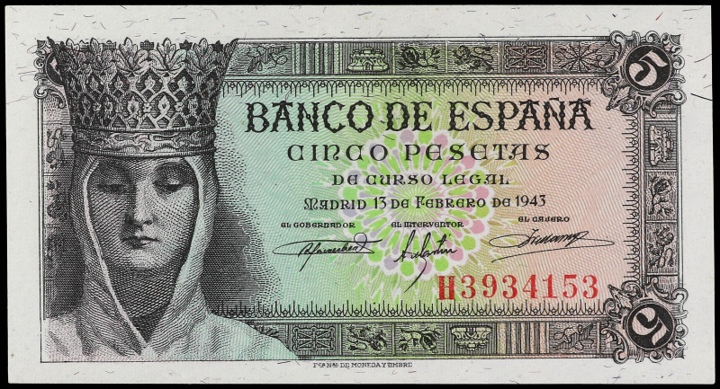 SPANISH BANK NOTES: ESTADO ESPAÑOL

5 Pesetas. 13 Febrero 1943. Isabel ´La Cat...